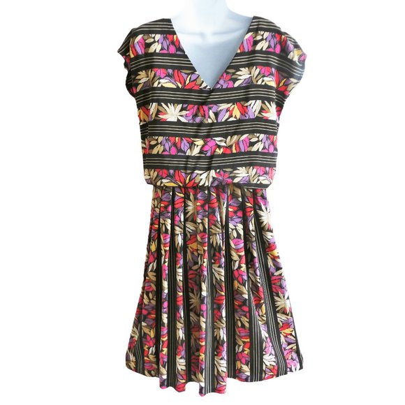 Vintage Secretary Dress Mixed Floral Stripes Pleated Skirt V Back USA - Picture 2 of 9